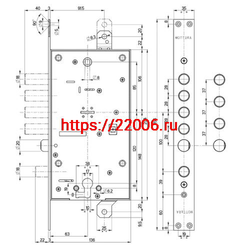 Замок Mottura (Моттура) врезной двухсистемный 54.797-S (левый) (без накладок), ключ 60 мм фото 2