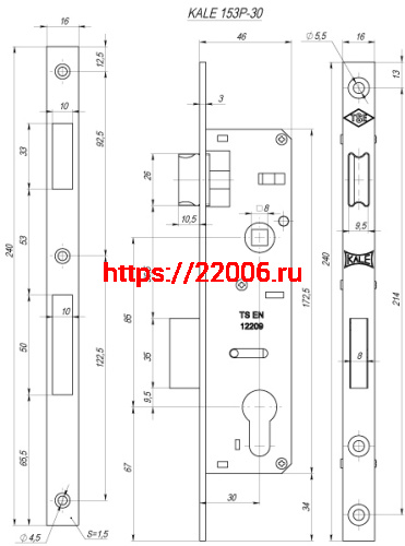 Корпус Kale kilit (Кале килит) узкопрофильного замка с защёлкой 153/P (30 mm) w/b (хром) фото 3