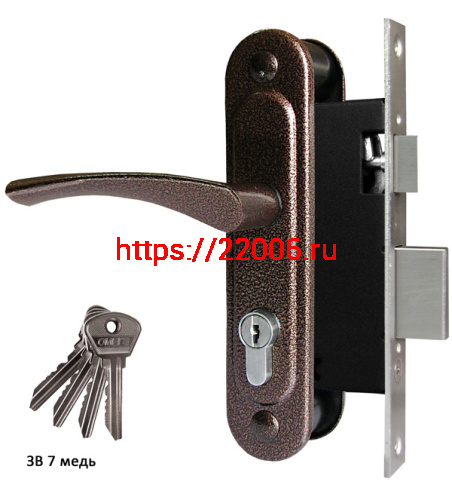 Замок Omega (Омега) врезной цилиндровый с защёлкой в комплекте с ручкой ЗВ7 (медь), 4 кл.