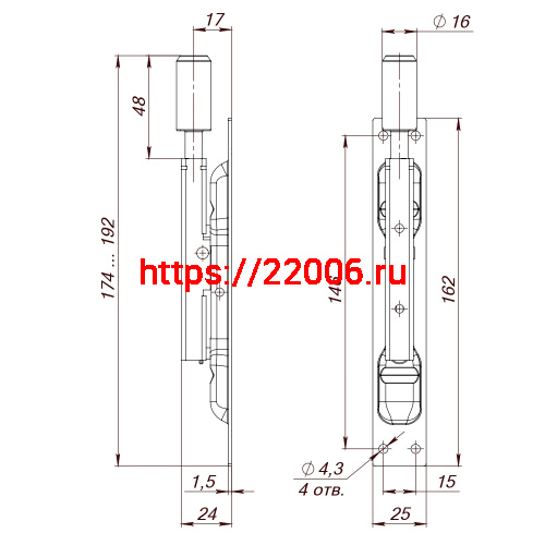 Задвижка Fuaro (Фуаро) торцевая RIGEL-set/160 D16x60mm (TDB set 160-24) в комплекте с ригелем фото 2