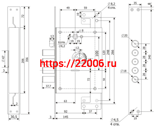 Замок Guardian (Гардиан) врезной сув. с защёлк ЗВ 21.14 Т (лев) со смен.мех-ом, (без накл), дл. кл. 54 мм, 5+1/123:450/ фото 2
