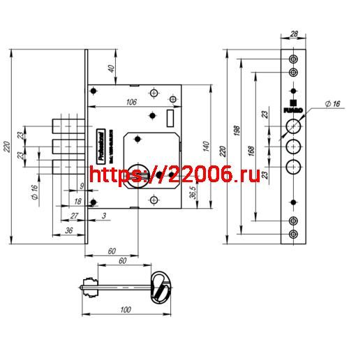 Замок Fuaro (Фуаро) врезной сувальдный MDV25/S-60.00.3R16 4key фото 4