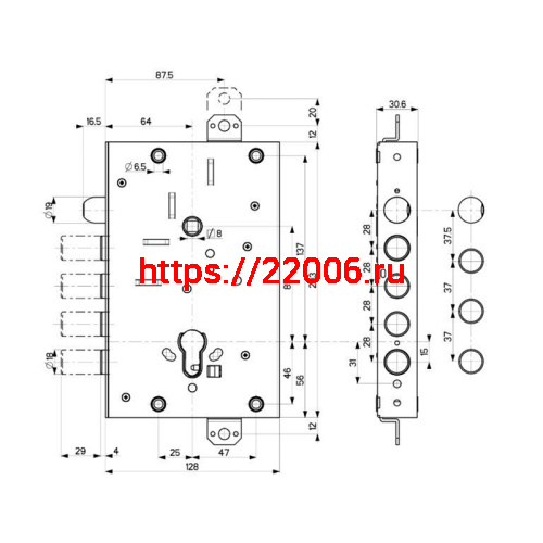 Корпус Mottura (Моттура) врезного замка с защёлкой 82.515W800B Универсальный фото 2