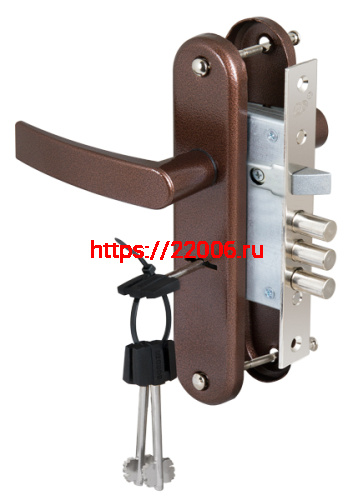 Замок Sam (Сам) врезной сувальдный с защёлкой в комплекте с ручкой ЗВ9-6/13 (медный антик), 3 кл. /77311/