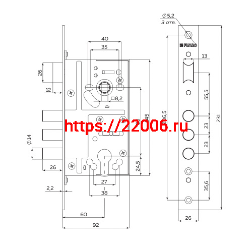 Корпус Fuaro (Фуаро) врезного замка c защёлкой MDV811/C-60.85.3R14 фото 2