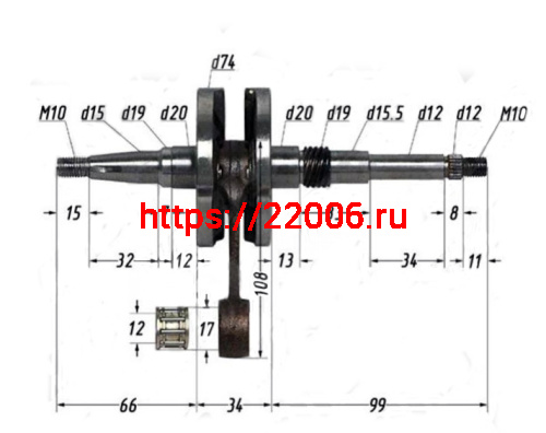 Коленвал 2х такт. Honda Dio50 AF27/28, Tact 30/31/51(М12,шлиц.14мм,d14мм,М10)