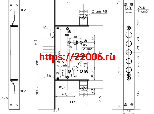 Корпус Mettem (Меттэм) врезного замка с защёлкой ЗВ7 318.Т-П-Б с тягами (функция блокировки защёлки) фото 2