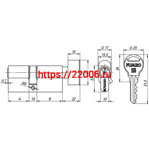 Цилиндровый Fuaro (Фуаро) механизм (R302/60) R3002Knob60(25+10+25) CP хром 5Key с вертушкой фото 3