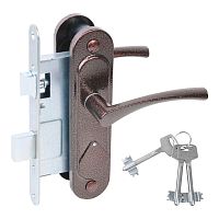 Замок Absolyute (Абсолют) врезной сувальдный с защёлкой в комплекте с ручкой ЗВ9.2-07 (медь антик), 3 кл.