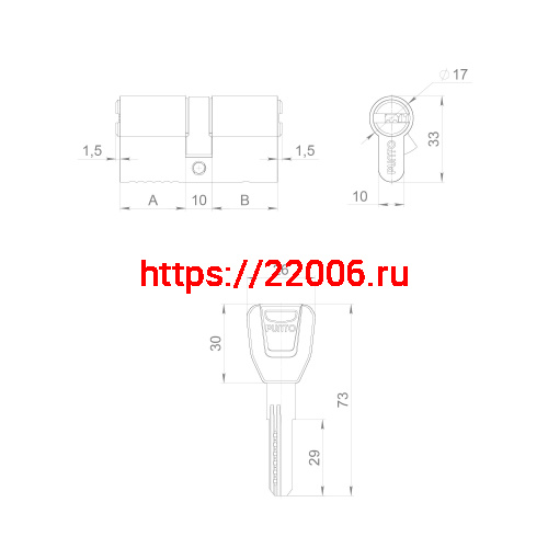 Цилиндровый Punto (Пунто) механизм (A200/70) A2000Key70(30+10+30) PB латунь фото 3
