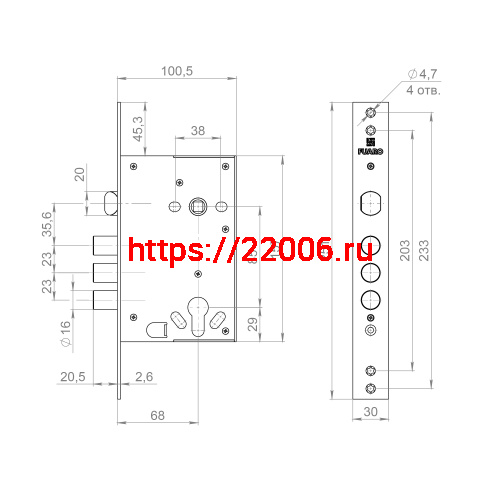 Корпус Fuaro (Фуаро) врезного замка полуавтоматический с защёлкой MDV32.21/C-65.85.3R16 S/A фото 3