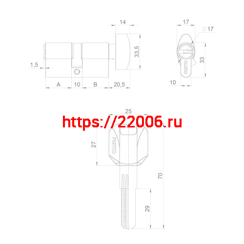 Цилиндровый Punto (Пунто) механизм (Z402/70) Z4002Knob70(30+10+30) с вертушкой PB латунь фото 4