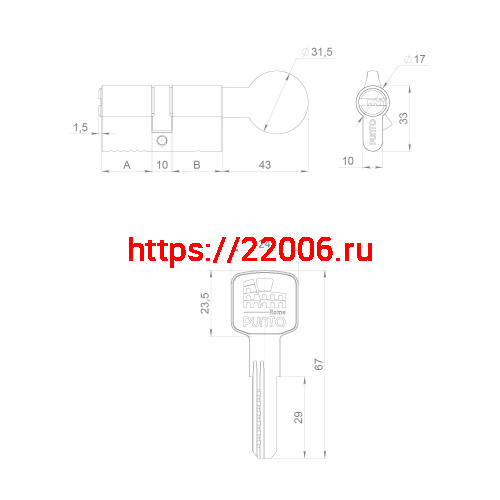 Цилиндровый Punto (Пунто) механизм Z3002Knob110(45+10+55) с вертушкой CP хром фото 3