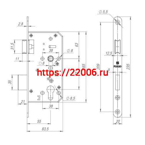 Замок Fuaro (Фуаро) врезной DD.INOX/C-55.72 (лиц.планка 20 мм) фото 3
