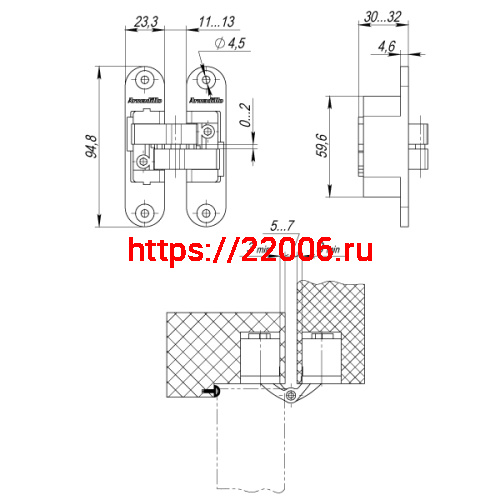Петля Armadillo (Армадилло) скрытой установки U3D4200L AB левая (Architect 3D-ACH 40) бронза 40 кг фото 3